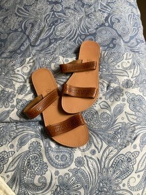 Women's Greek Leather 2 strap slide on sandals NEW